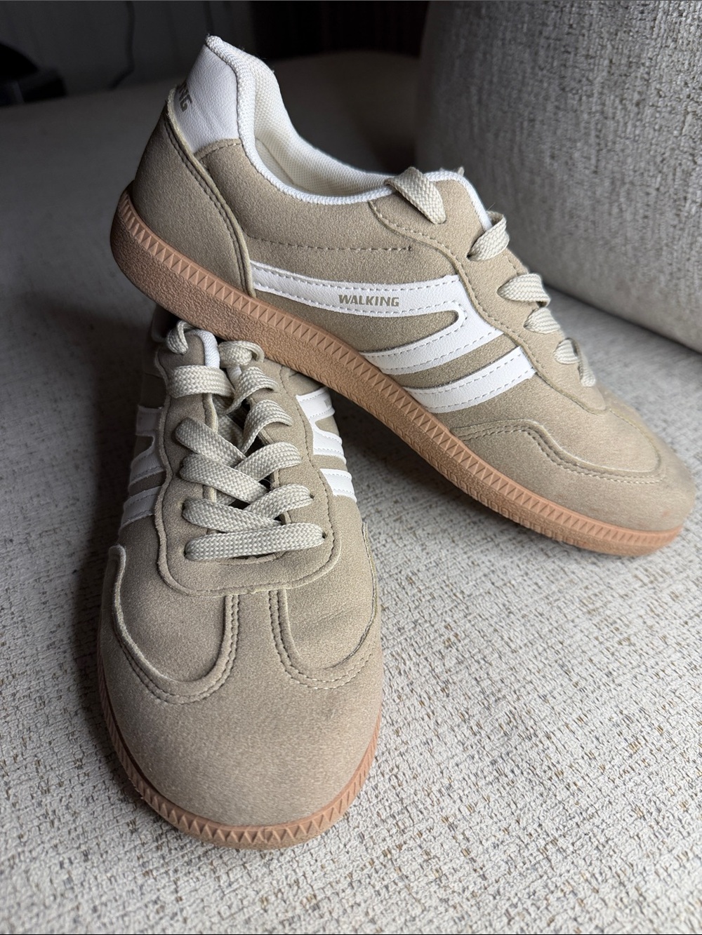 Women’s Beige Walking Sneakers with White Stripes